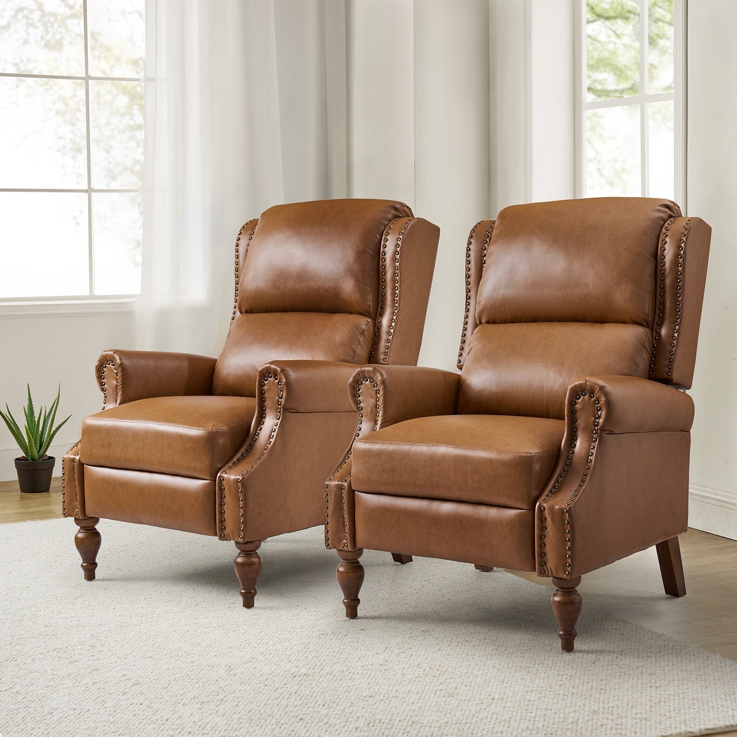 HULALA HOME Terri Traditional Vegan Leather Waterproof Manual Push Back Recliner with Solid Wood Legs Set of 2