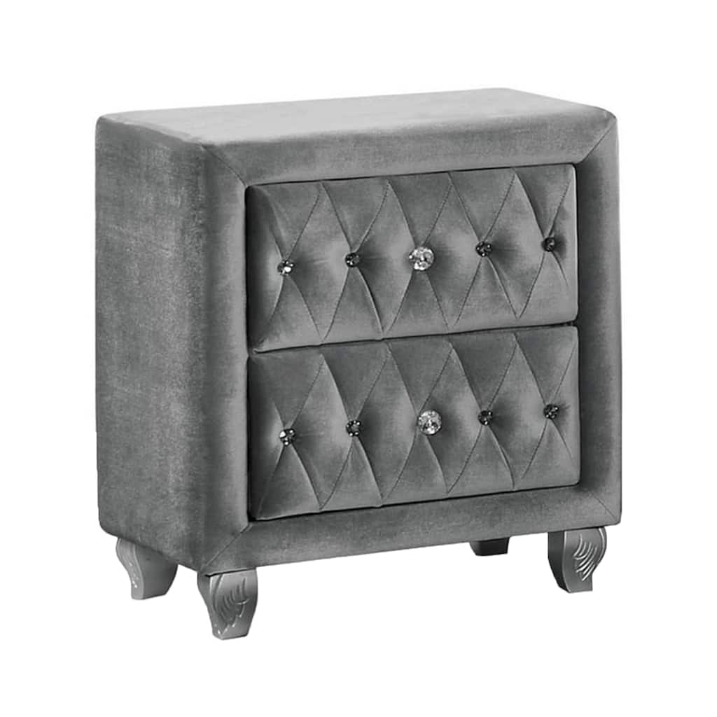 Rea Nightstand, 26 Inch, 2 Drawers, Button Tufted Gray Fabric