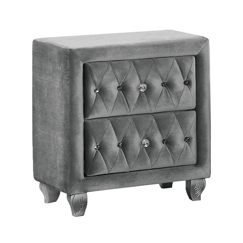 Rea Nightstand, 26 Inch, 2 Drawers, Button Tufted Gray Fabric