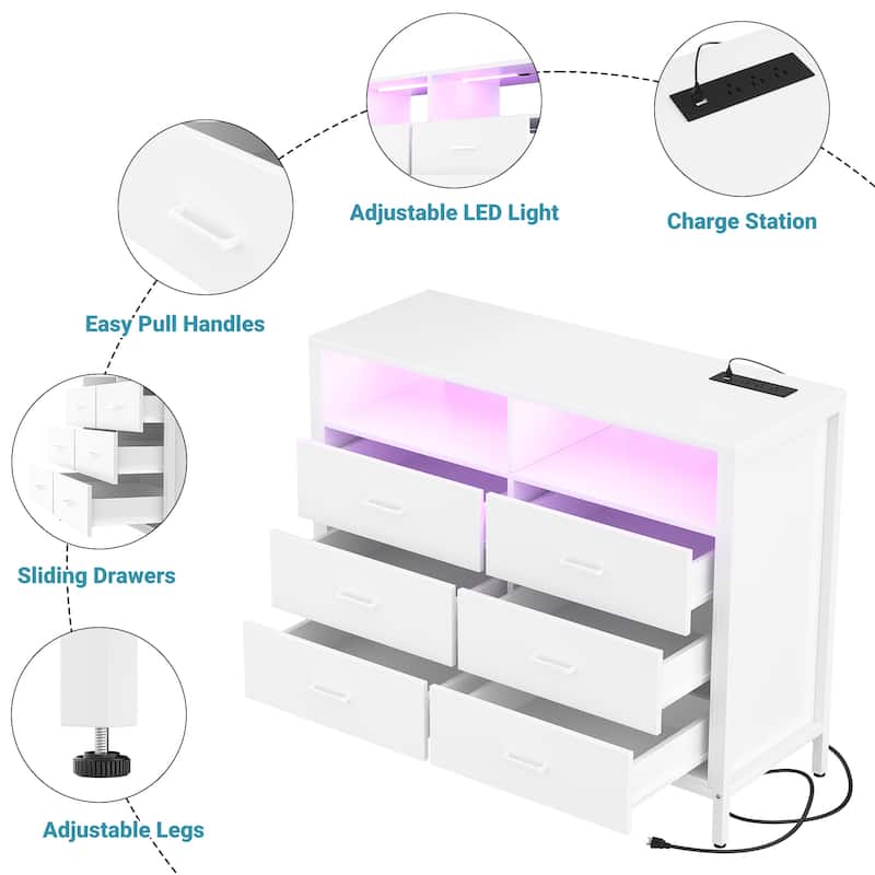 Chest of Drawers with LED Lights and Outlets,Wood Drawer Dresser for Clothes Storage