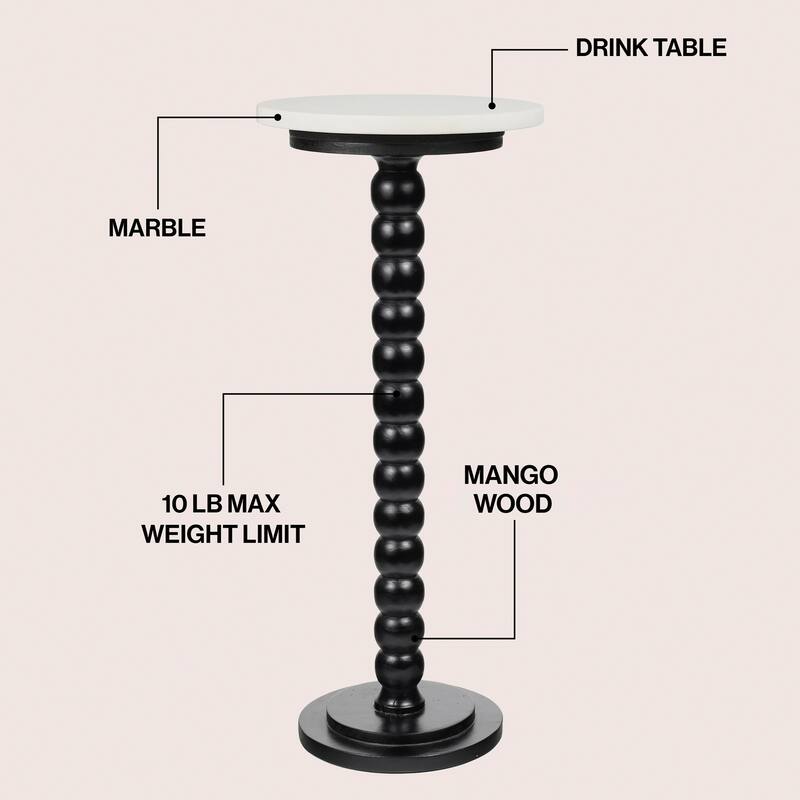 Monroe 24.25″ Farmhouse Spindle Wood Drink & End Table w/ White Marble Top, By JONATHAN Y