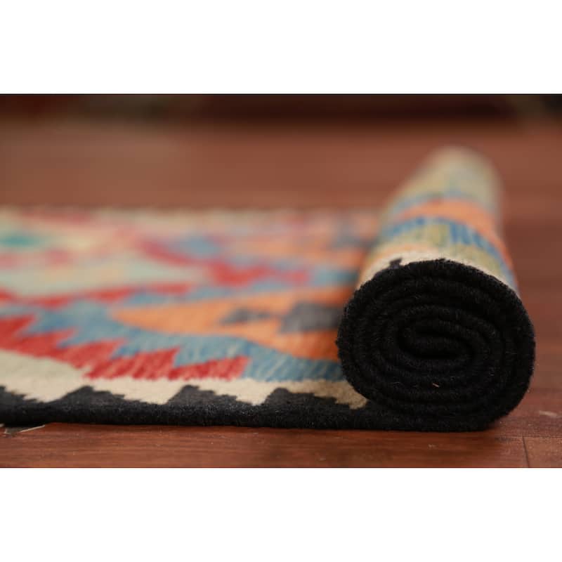 Hand Woven Oriental 100% Wool Carpet Southwestern Geometric Multi-Colored Kilim Runner Rug - 12' 10'' X 2' 9''