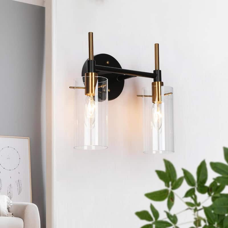 Modern Black Gold Bathroom Vanity Light Dimmable Wall Sconces with Cylinder Clear Glass - 2-Light