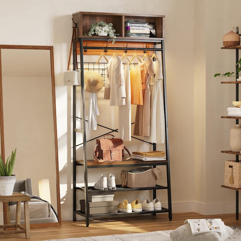 5 in 1 Hall Tree with Cabinet Coat Rack with 3-Tier Shoes Organizer - 70 inches - Walnut