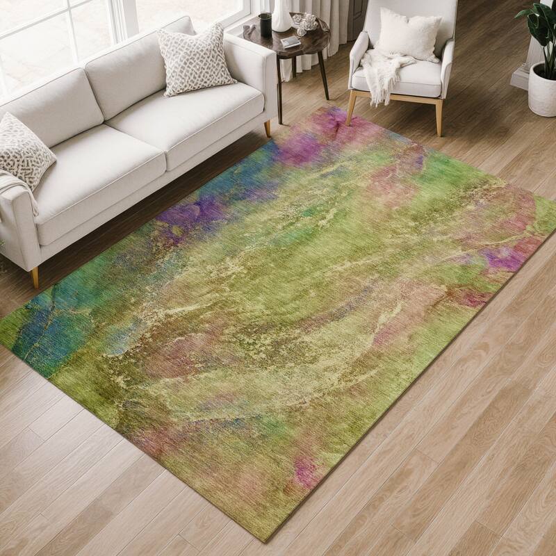 Machine Washable Indoor/ Outdoor Abstract Watercolor Chantille Rug
