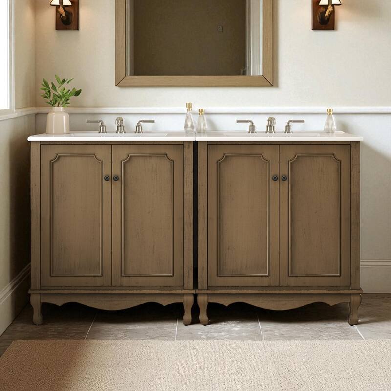60" Double Sink Bathroom Vanity Set with Ceramic Sinks, Vintage Wood Storage Cabinet with Antique Knobs & Adjustable Shelves - Antique Brown