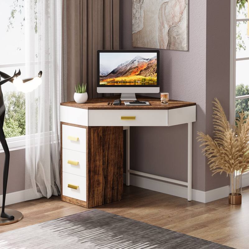 Corner Desk with Drawers, Computer Writing PC Makeup Vanity Storage Desk, Home Office Living Room Bedroom Accent Desk
