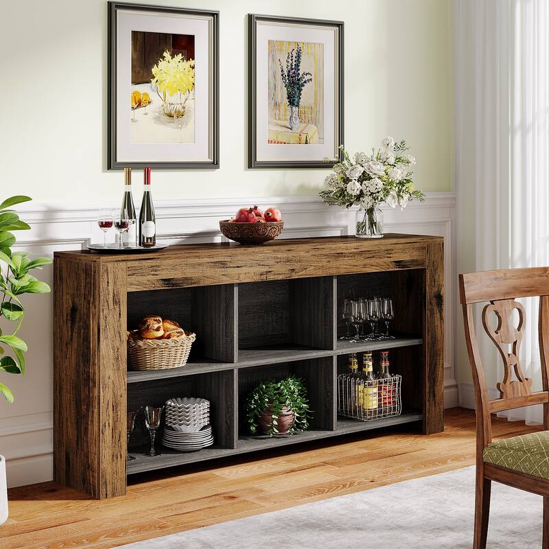 Long Console Table, Rustic Wood Entryway Table with 6 Storage Cubes