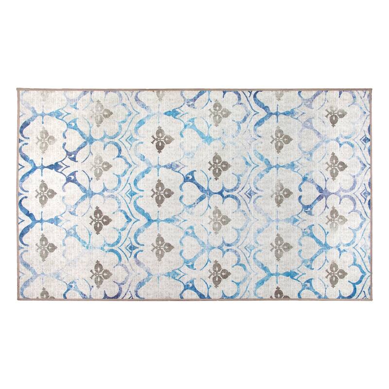 My Magic Carpet Machine Washable Area Rug Leilani Damask Beige Blue