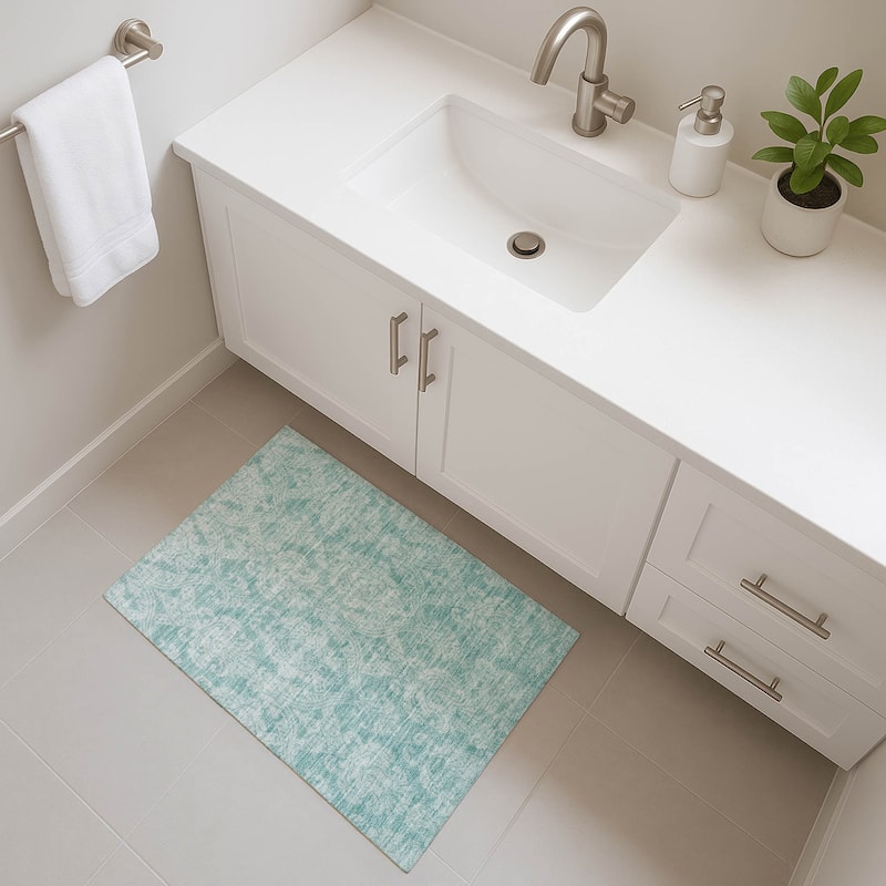 Premium Washable Super Soft Traditional Damask Mayfield Rug - Aqua - 1'8" x 2'6"