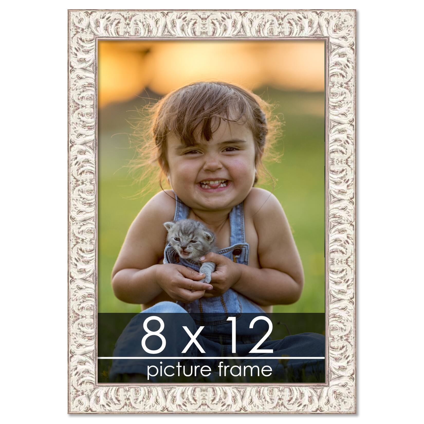 8x12 Ornate White Washed Wood Picture Frame UV Acrylic, Foam Board