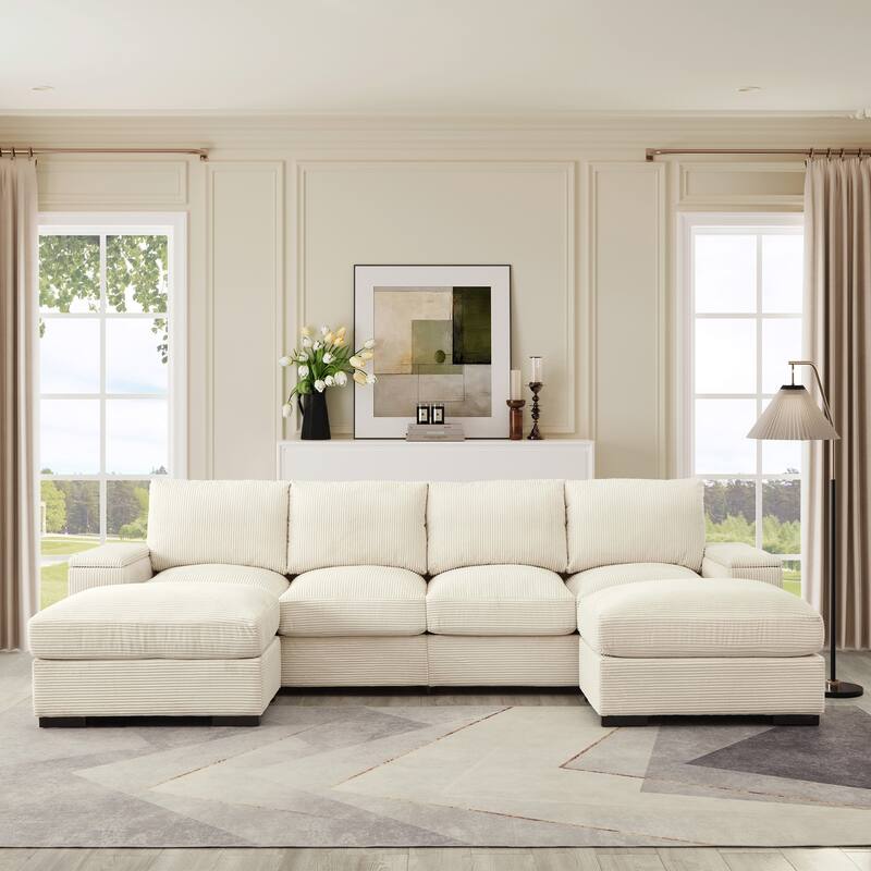 U-shaped corduroy sofa with removable footstool and storage armrests - Beige