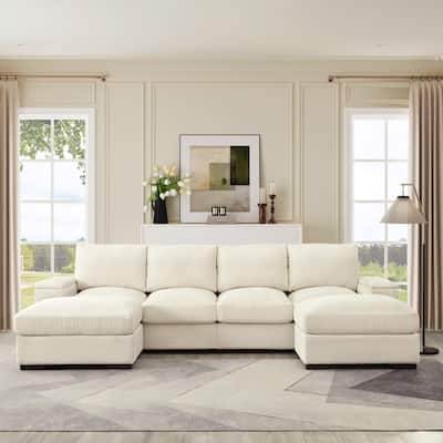 U-shaped corduroy sofa with removable footstool and storage armrests