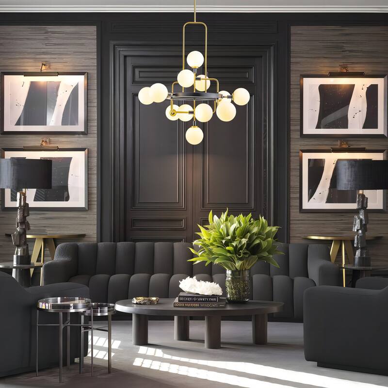 12-Light Modern Glam Geometric Frosted Opal Glass Globe Large Chandelier - 30.71 in. W x 34.25 in. W
