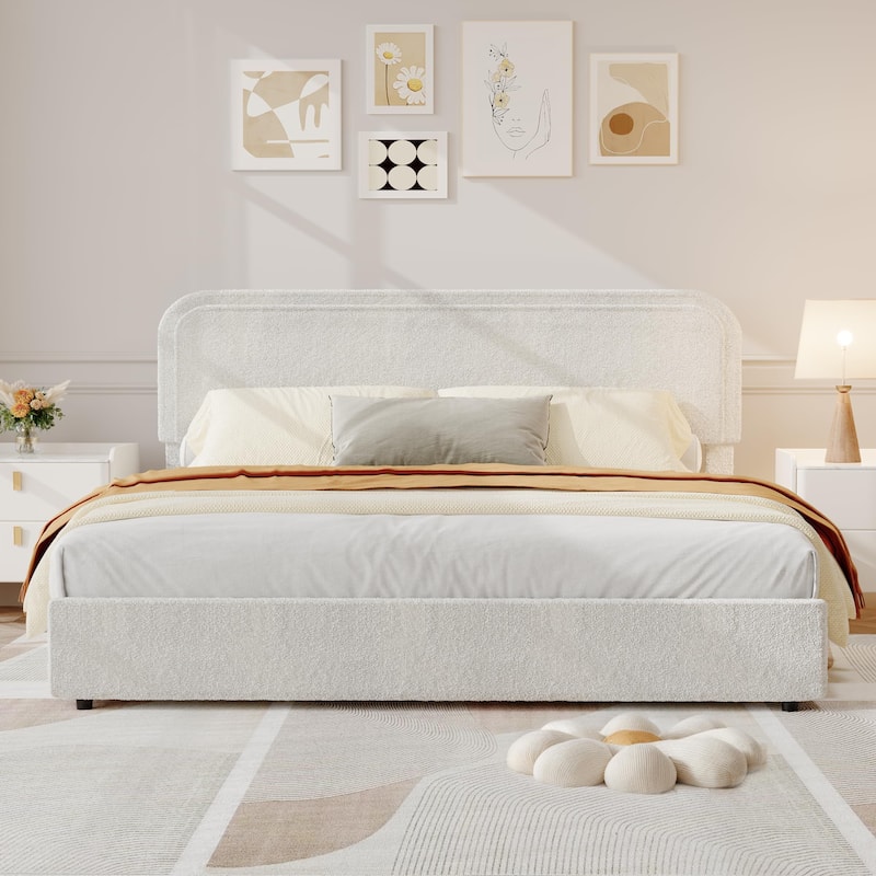 Boucle Upholstered Bed Frame, 2 Storage Drawers - King