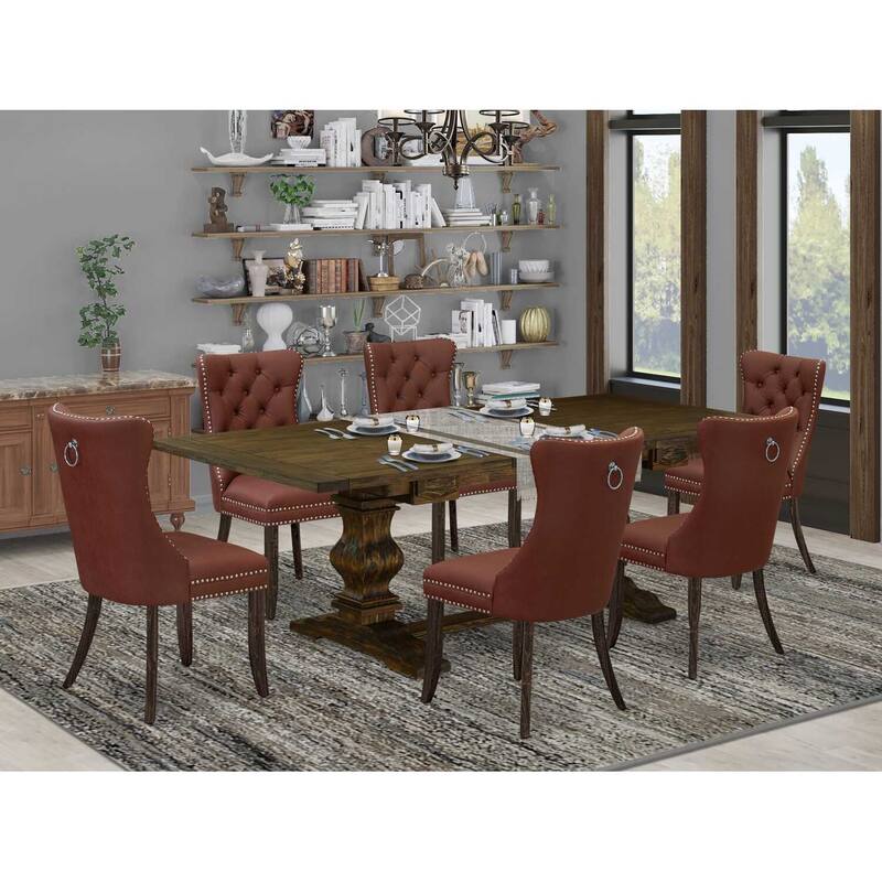 7 Piece Dining Set - Rectangle Table with 6 Upholstered Chairs - Jacobean Finish