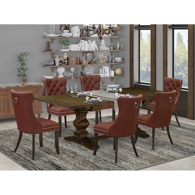 7 Piece Dining Set - Rectangle Table with 6 Upholstered Chairs - Jacobean Finish