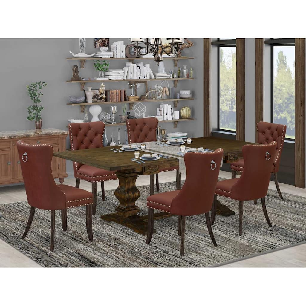 7 Piece Dining Set - Rectangle Table with 6 Upholstered Chairs - Jacobean Finish