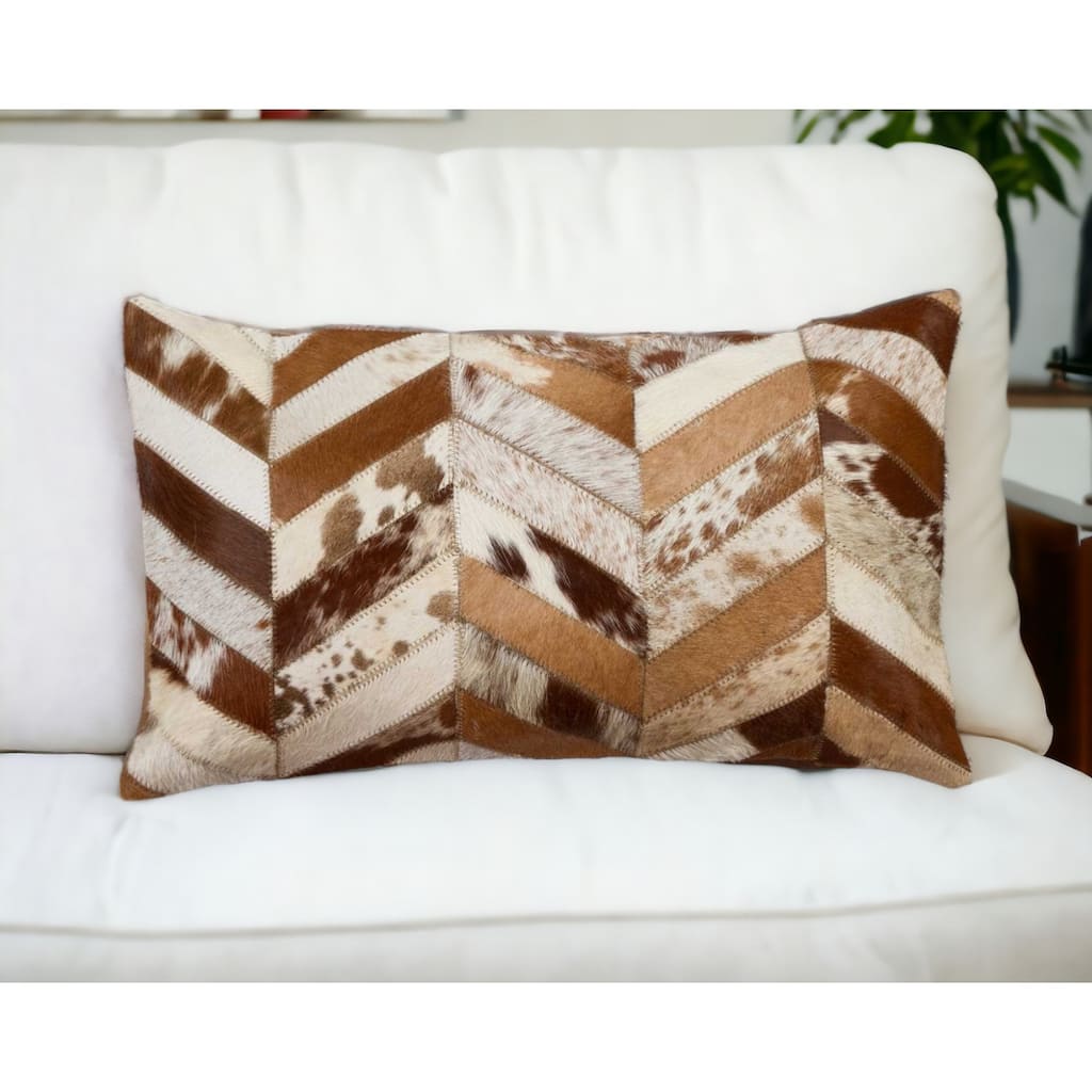 12" X 20" Brown and Off White Chevron Cowhide Throw Pillow