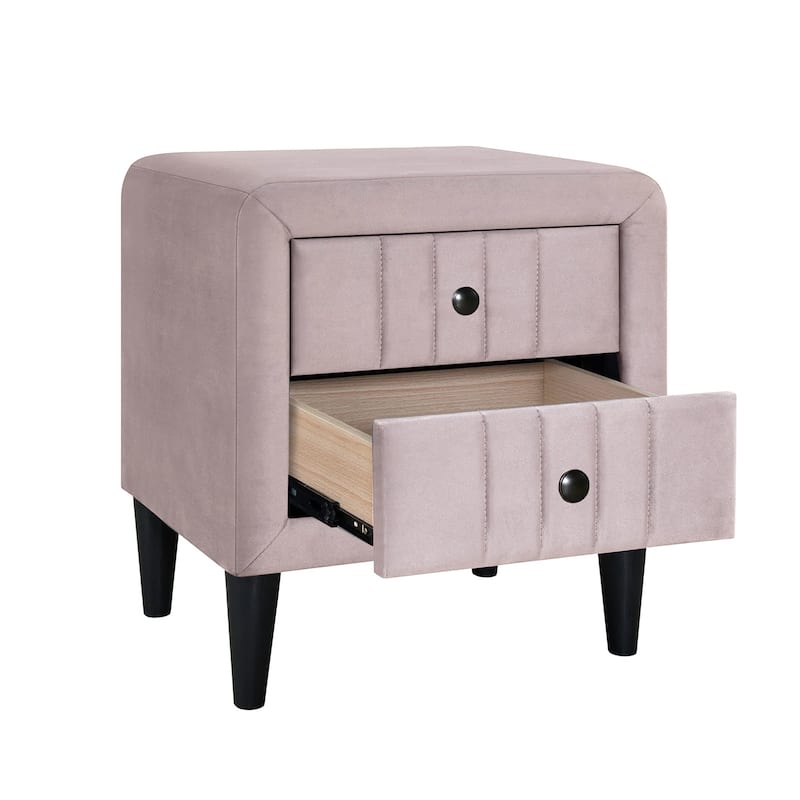 2 Drawers Velvet Upholstered Nightstand with Tapered Shape Legs