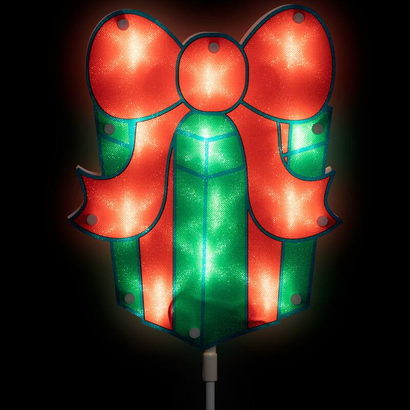 Lighted Holographic Gift Box Outdoor Christmas Pathway Markers - 24.5" - Set of 3 - Red