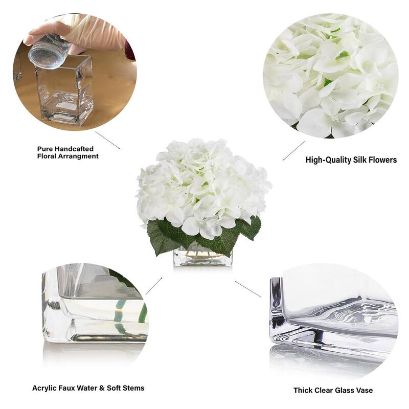 Silk Pink Hydrangea Artificial Flowers in Vase with Faux Water, Silk Flower Arrangements in Vase for Home Decor, Wedding Table