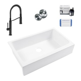 Grace Crisp White Fireclay 34″ Quick-Fit Farmhouse Apron Front Undermount Single Bowl Kitchen Sink with Bruton Black Faucet Kit