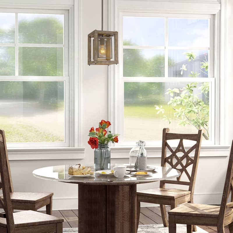 Farmhouse Square Wood 1-Light Pendant Light for Kitchen Island Dining Room - L8"xW8"xH10.5"