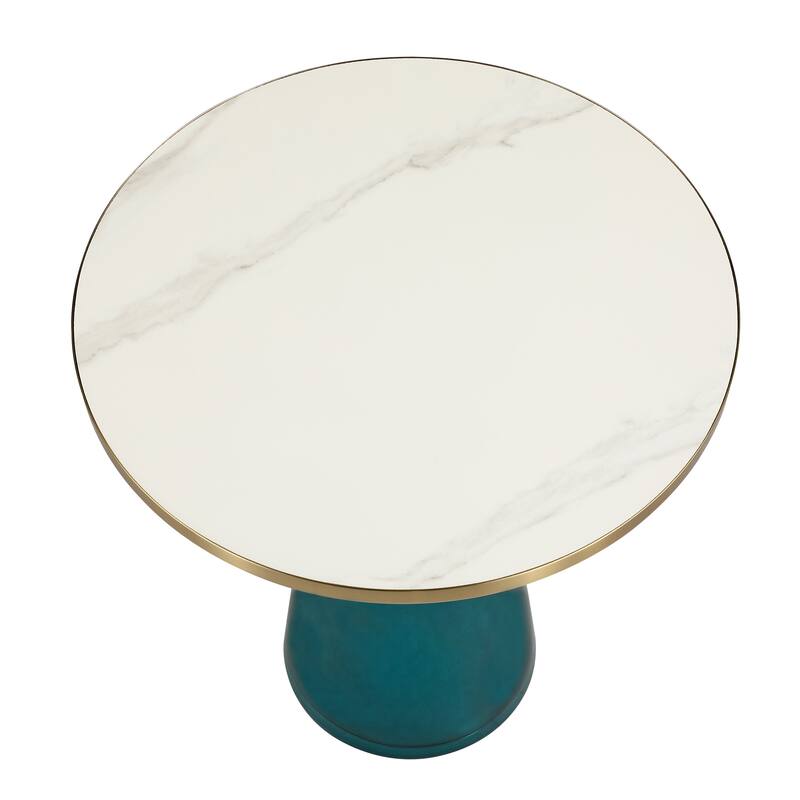 19-Inch Side Table Round Glass/Stone Tabletop End Table with Gold Iron Rim and Glass Base
