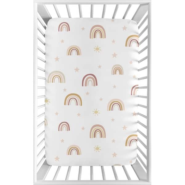 slide 2 of 6, Boho Rainbow Baby Girl Fitted Mini Portable Crib Sheet - Blush Pink Dusty Rose Gold Yellow Mauve Beige Bohemian Stars Celestial