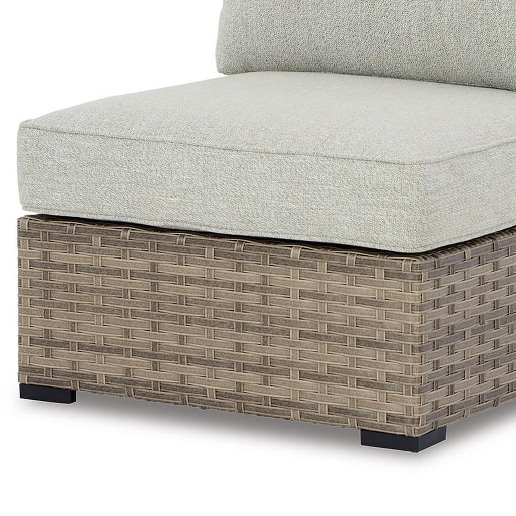 Walter 34 Inch Outdoor Armless Chair Set of 2, Wicker, Beige Fabric Cushion