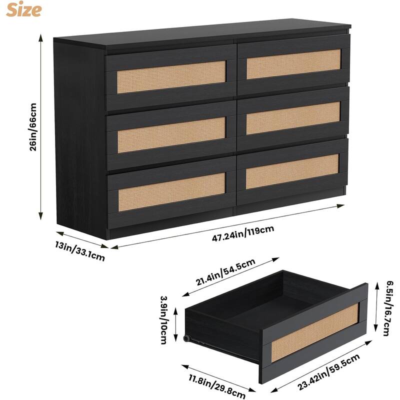 Rattan Dresser for Bedroom, 6 Drawer Double Dresser, Modern Wood Chest of Drawers