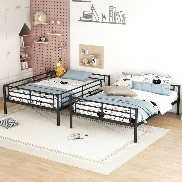 slide 2 of 27, Modern Classic Design Full Over Full Metal Bunk Bed,Side Stairs and Guardrails Black