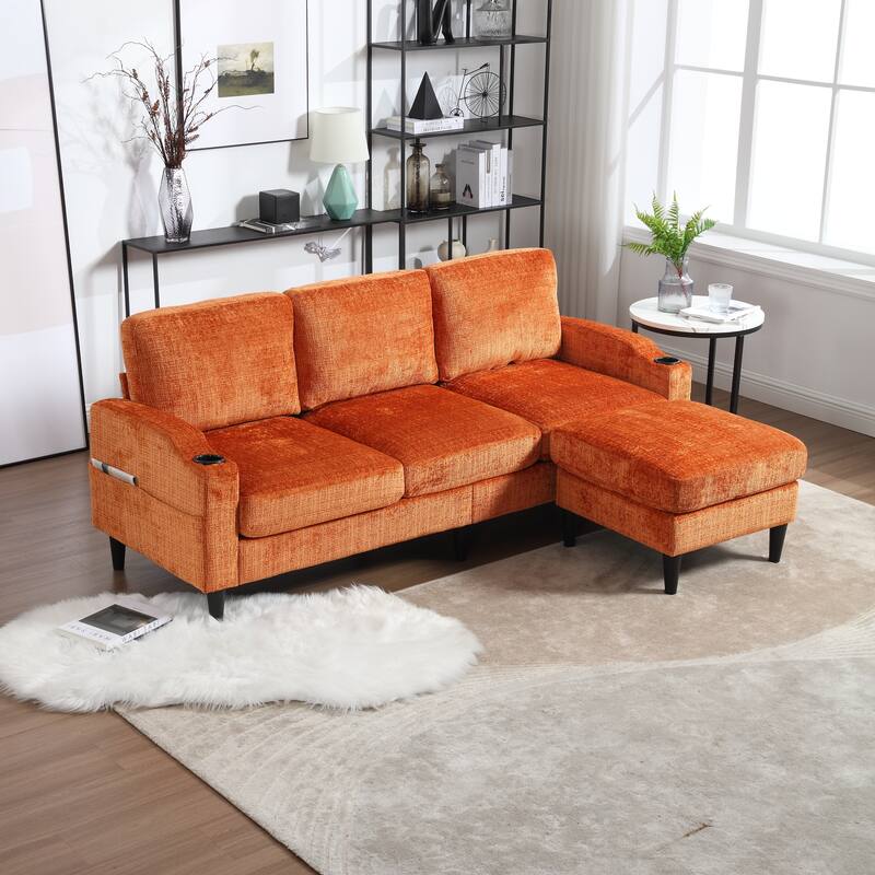 Modular Sectional Sofa with Storage Ottoman, Comfy Chenille Fabric Sofa, 3-Seater Sofa with Side Pockets & 2 Cup Holders