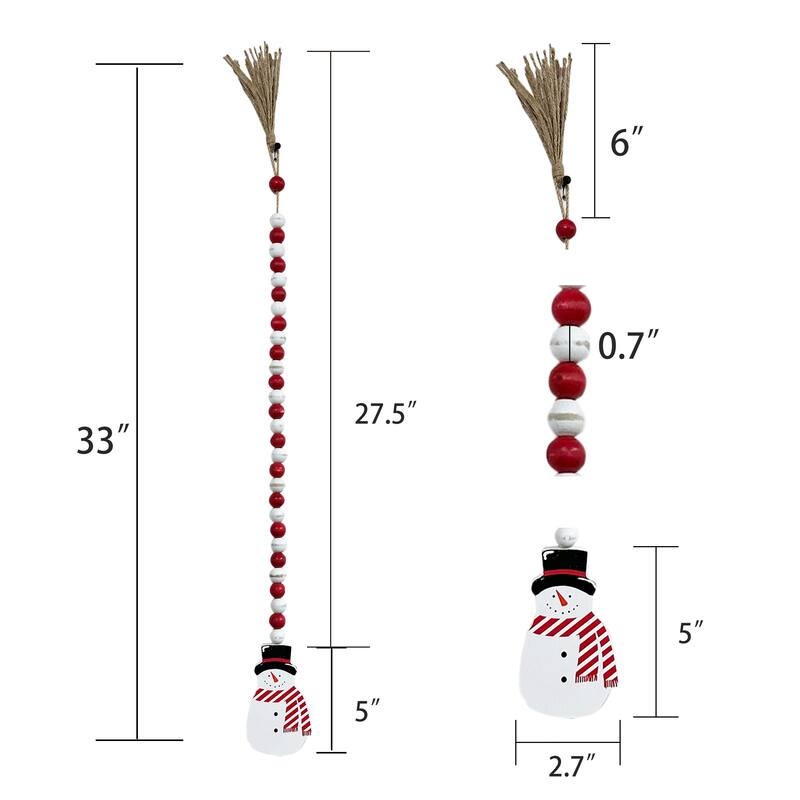 Snowman Winter Decor Wood Bead Garland with Tassels, Farmhouse Garland