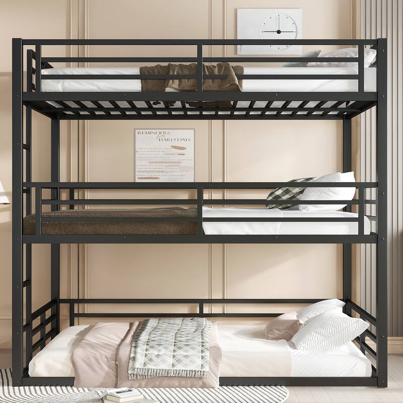 Heavy Duty Metal Bunk Bed Frame, Triple Floor Bunk Bed, Metal Triple Bunk Bed Frame with Safety Guardrails - Black - Full