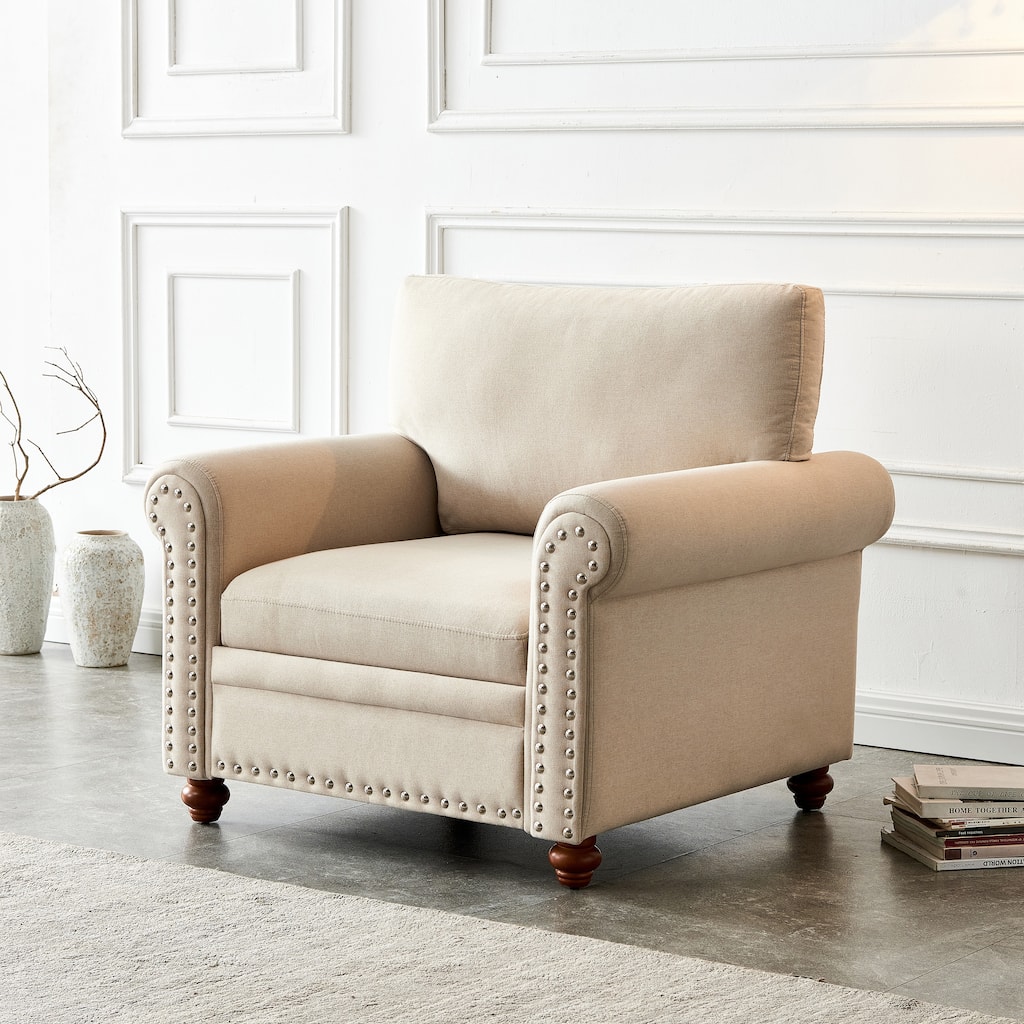 Beige Fabric Single Seat Chair with Solid Wood Legs
