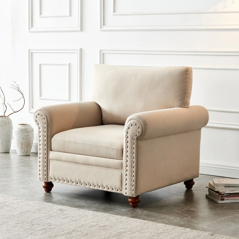 Round Arm Accent Chair Single Sofa Chiar with Solid Wood & Metal Frame