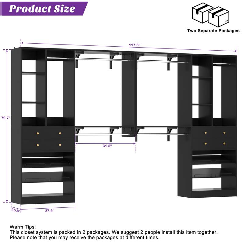 56'' - 120'' Set of 2 Closet System with Shoe Rack, Closet Organizer with Drawers and Hanging Rods