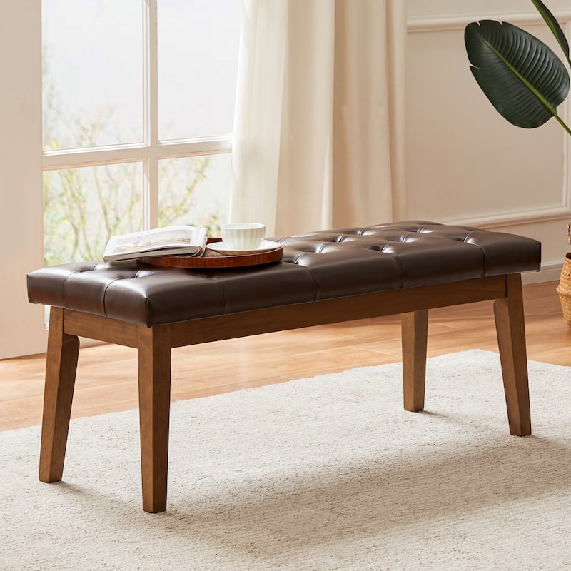 Button-Tufted Bench for End of Bed, Entryway Bench Beige/ Black/ Brown Solid Wood, Leather, Fabric 44-inch - Chocolate