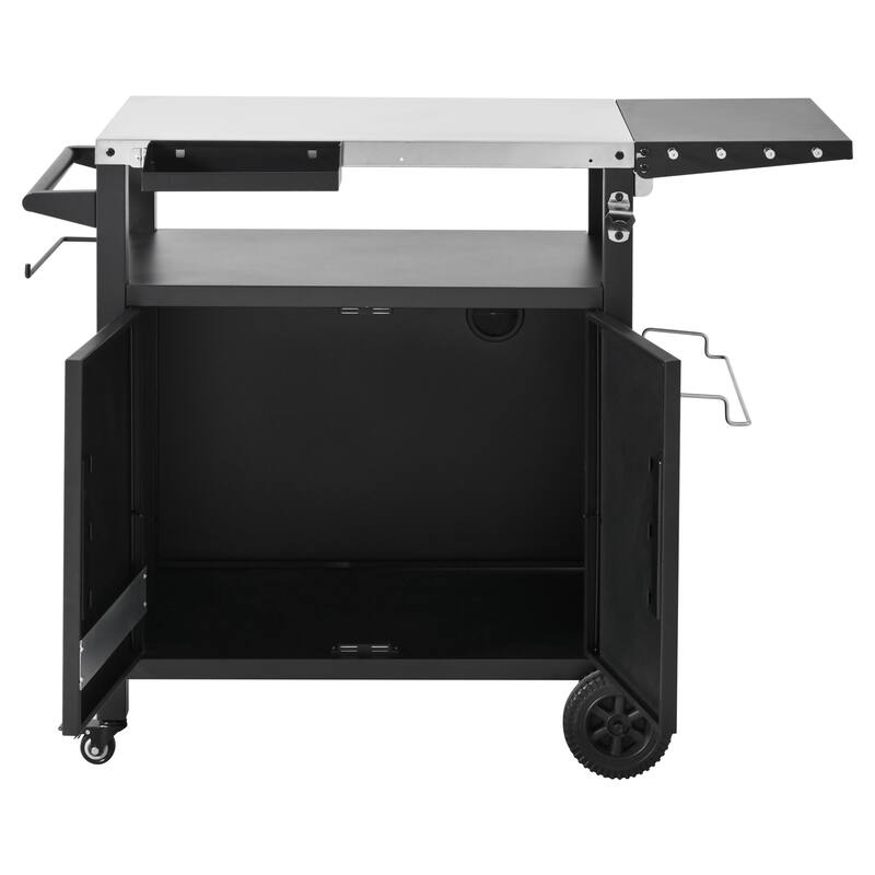 Outdoor Kitchen Island Grill Cart with Pizza Oven Table, Stainless Steel Top & Waterproof Cover