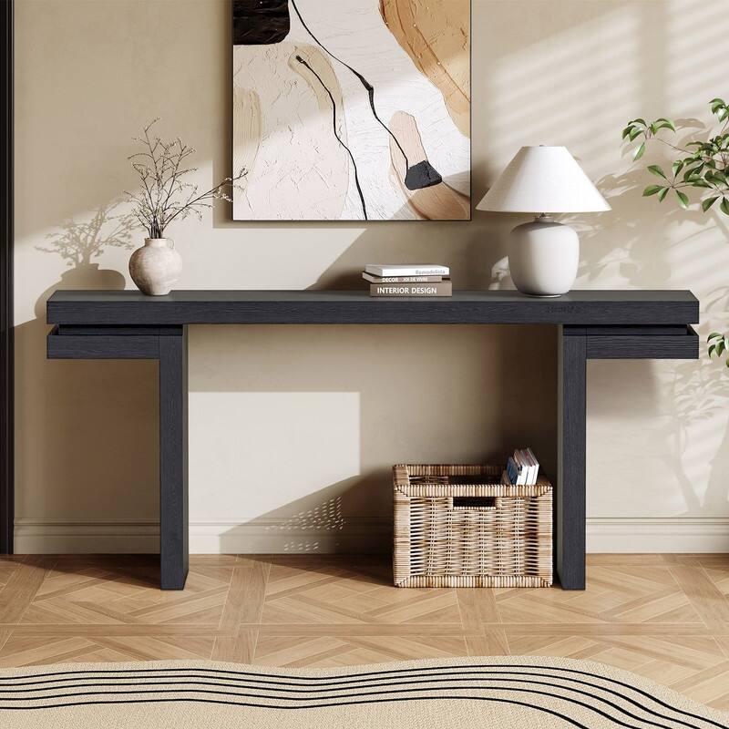 Extra Wide Real Wood Veneered Console Table for Minimalist Living Room Entryway or Hallway Decor - Black