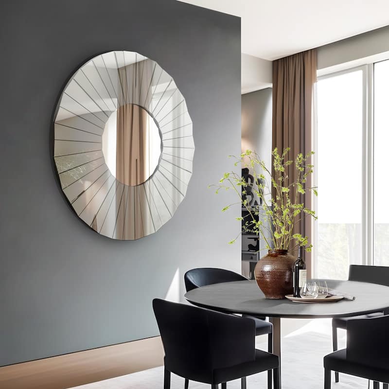 Round Decorative Wall Mirror Sunburst Design with MDF Back 35 Inch - Silver/Chrome - Dia.35.4"*D0.8"