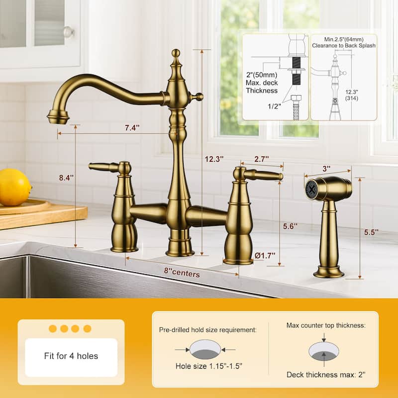WOWOW 4 Hole Double Handle Bridge Kitchen Faucet with Side Sprayer
