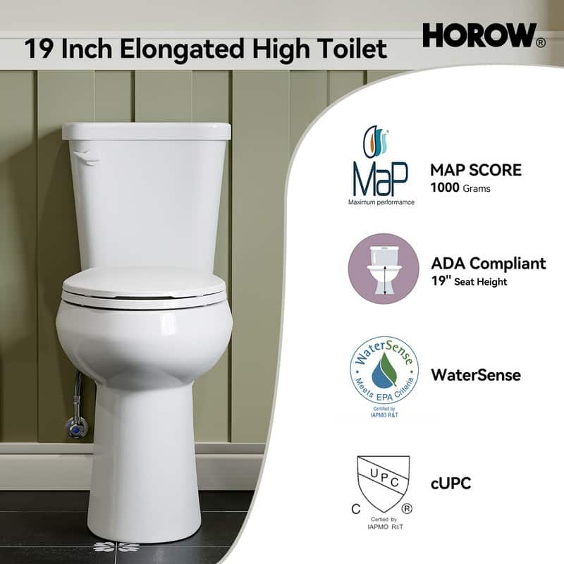 HOROW 19 Inch ADA Tall 2 Piece Dual Flush Elongated Toilet White 1.1 /1.6 GPF Strong Flush Soft Close Seat - 19 Inch