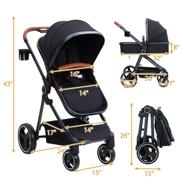 dimension image slide 2 of 3, 2-in-1 Convertible Baby Stroller,Foldable Pushchair for Newborns with Reversible High Landscape Bassinet, Adjustable Canopy
