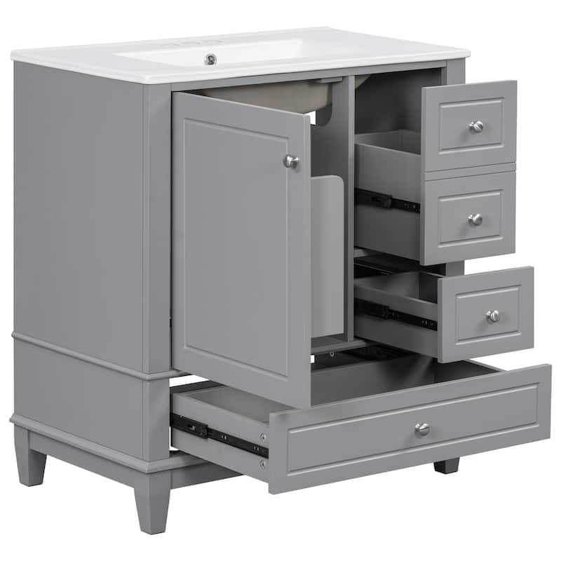 30" Bathroom Vanity w/Ceramic Sink and One-Door Shelf, Water-Resistant Wood One Cabinet Vanities w/ 3 Drawers & Soft Close Door