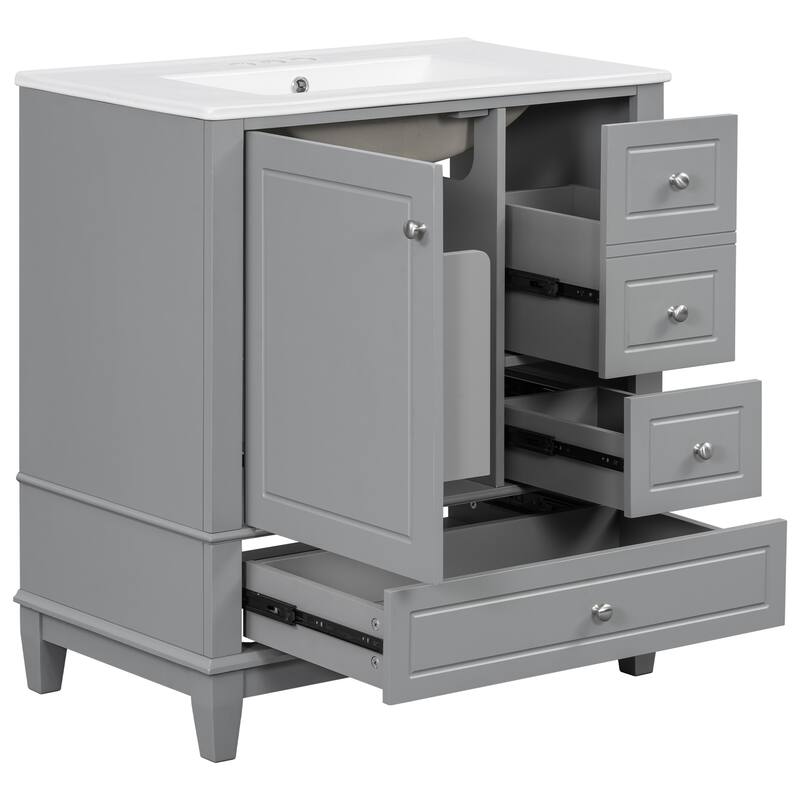 30" Bathroom Vanity with Sink, One Door with Shelf and Three Drawers, Soft Close Door, Grey