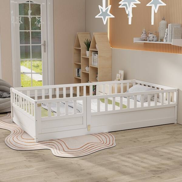 slide 2 of 14, Twin Size Floor Bed with Super High Security Barrier, Door, Children's Floor Bed Frame White
