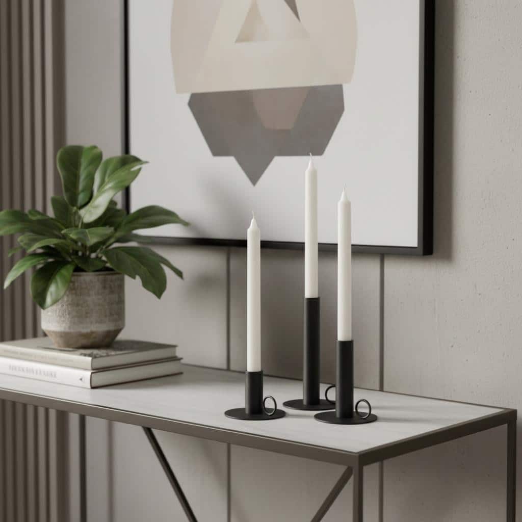 Set of Three Black Geometric Metal Tabletop Taper Candlesticks
